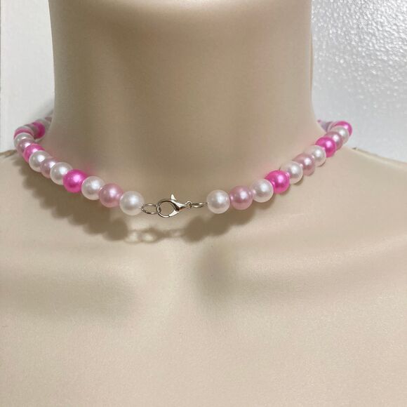 BARBIE Core Pink White Swirl Rose Colored Beads Statement Choker Necklace 16 in - Picture 8 of 11